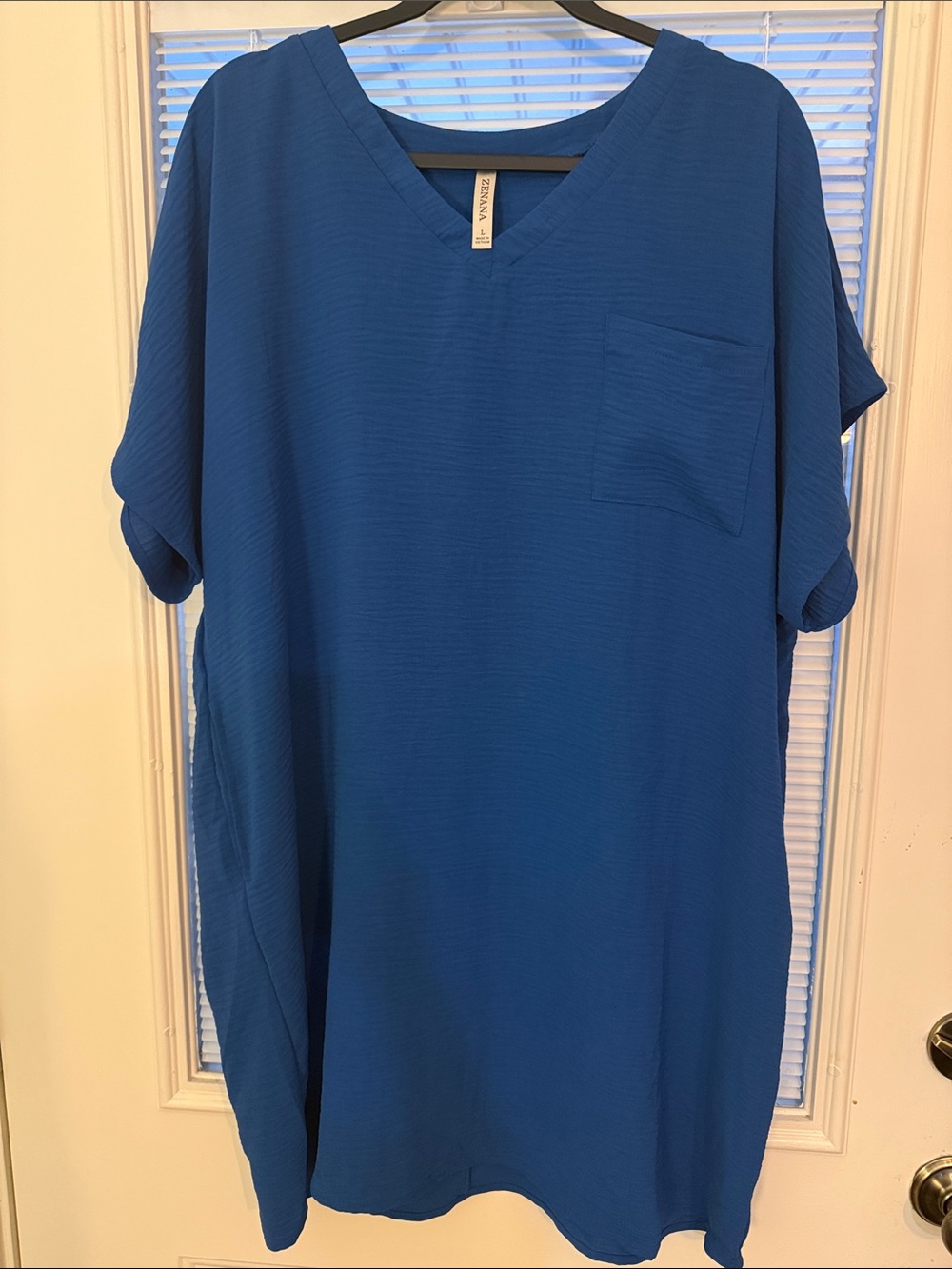 Zenana Woven Airflow V-Neck T-Shirt Dress with Pockets in Royal Blue